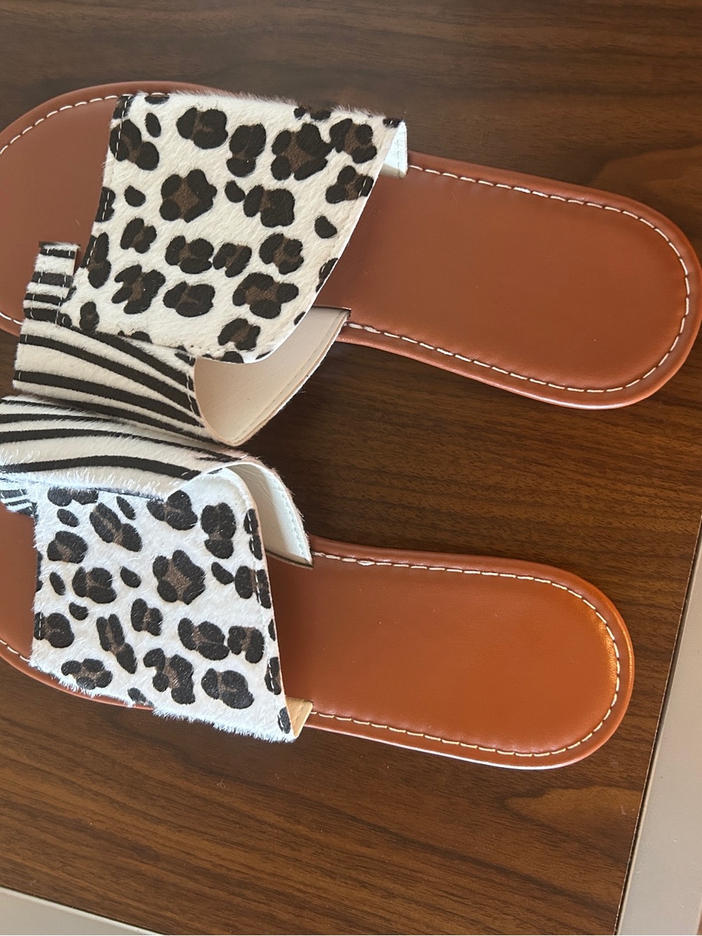 Leopard & Zebra Slide Sandals in Tan